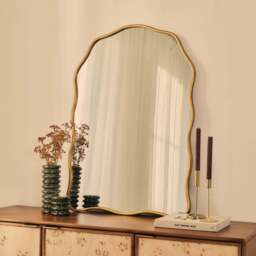 Sabrina - Gold Wavy Arched Metal Overmantle Mirror 100cm x 70cm - thumbnail 1