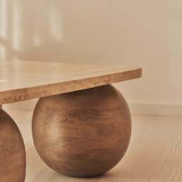 Melrose - Beige Travertine Square Warm Wood Premium Coffee Table - thumbnail 2