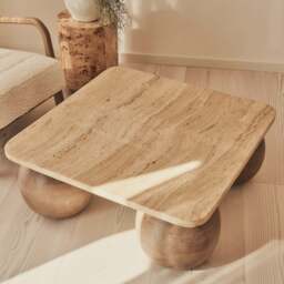 Melrose - Beige Travertine Square Warm Wood Premium Coffee Table - thumbnail 3
