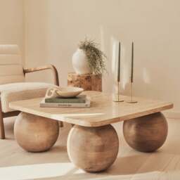 Melrose - Beige Travertine Square Warm Wood Premium Coffee Table - thumbnail 5