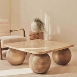 Melrose - Beige Travertine Square Warm Wood Premium Coffee Table - thumbnail 1