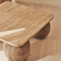 Melrose - Beige Travertine Square Warm Wood Premium Coffee Table - thumbnail 4