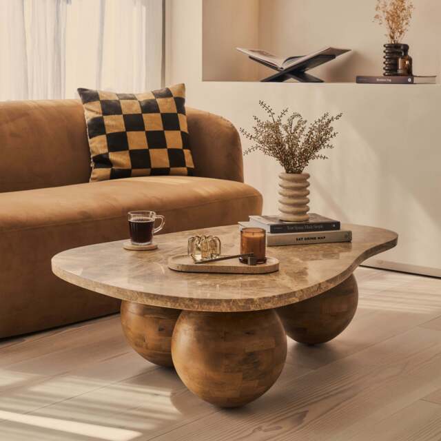 Melrose - Light Emperador Marble Irregular Warm Wood Premium Coffee Table - image 1