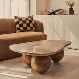 Melrose - Light Emperador Marble Irregular Warm Wood Premium Coffee Table - thumbnail 4