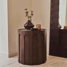 Valor - Beige Travertine Round Dark Wood Premium Side Table