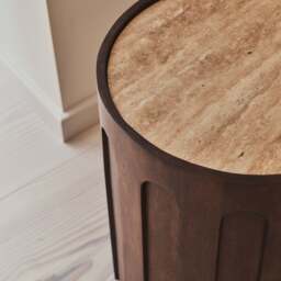 Valor - Beige Travertine Round Dark Wood Premium Side Table - thumbnail 3