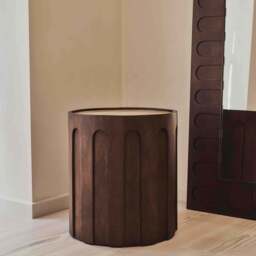 Valor - Beige Travertine Round Dark Wood Premium Side Table - thumbnail 2