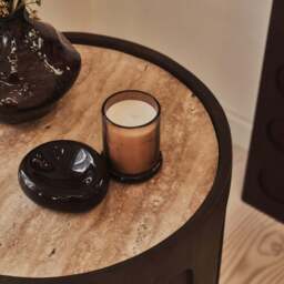 Valor - Beige Travertine Round Dark Wood Premium Side Table - thumbnail 5