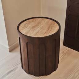 Valor - Beige Travertine Round Dark Wood Premium Side Table - thumbnail 4