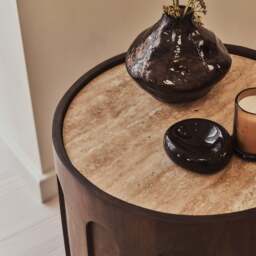 Valor - Beige Travertine Round Dark Wood Premium Side Table - thumbnail 6