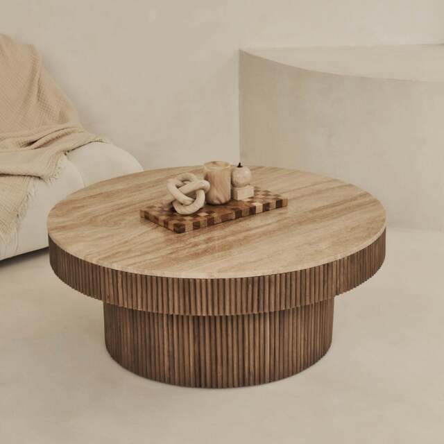 Sloane - Beige Travertine Round Warm Wood Premium Coffee Table - image 1