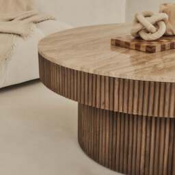 Sloane - Beige Travertine Round Warm Wood Premium Coffee Table - thumbnail 3