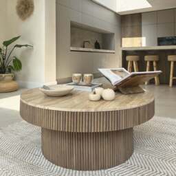 Sloane - Beige Travertine Round Warm Wood Premium Coffee Table - thumbnail 2