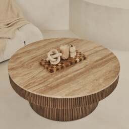 Sloane - Beige Travertine Round Warm Wood Premium Coffee Table - thumbnail 5