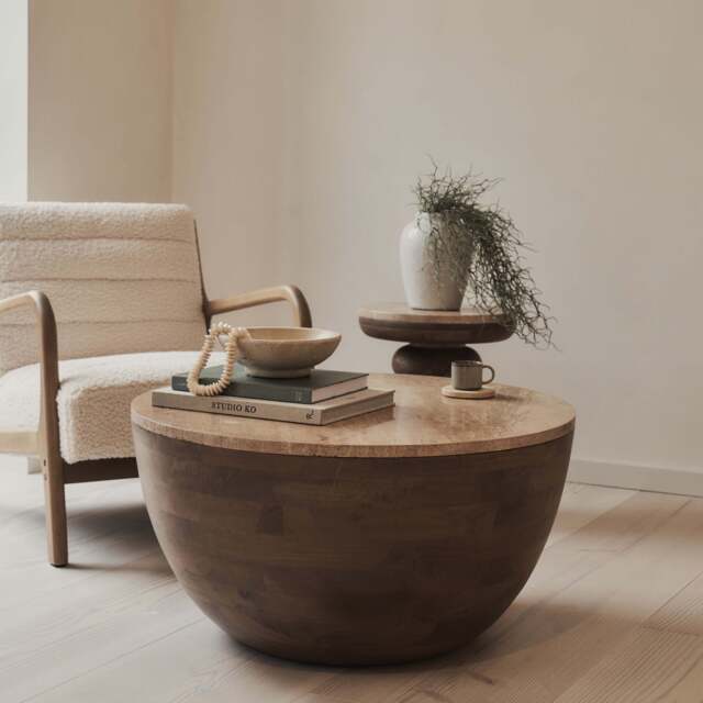Lyra - Beige Travertine Round Warm Wood Premium Coffee Table - image 1