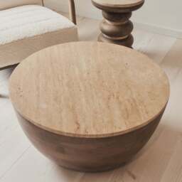 Lyra - Beige Travertine Round Warm Wood Premium Coffee Table - thumbnail 5