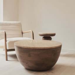 Lyra - Beige Travertine Round Warm Wood Premium Coffee Table - thumbnail 2