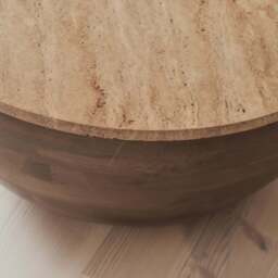 Lyra - Beige Travertine Round Warm Wood Premium Coffee Table - thumbnail 3