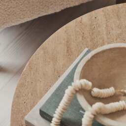 Lyra - Beige Travertine Round Warm Wood Premium Coffee Table - thumbnail 6