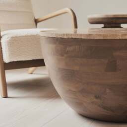 Lyra - Beige Travertine Round Warm Wood Premium Coffee Table - thumbnail 4