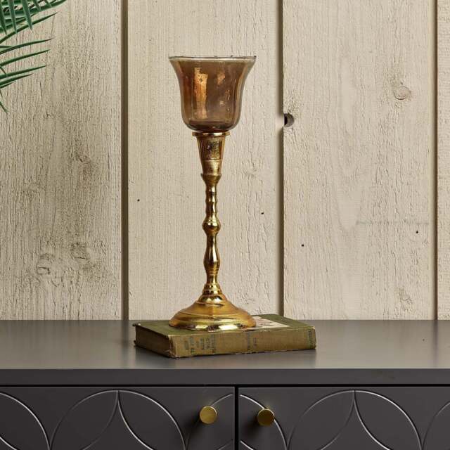 Candle Stick in Light Gold with Removable Taper Bell Tealight Holder in Brown - image 1