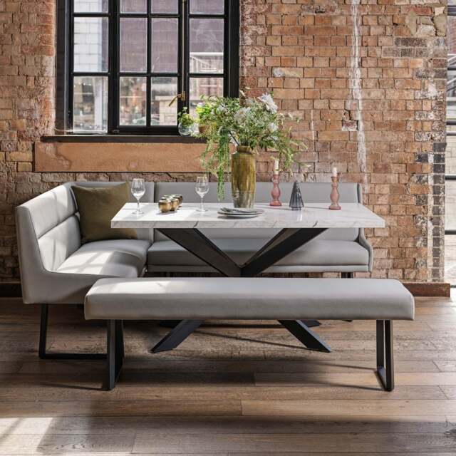 Jupiter Dining Set - Marble Effect - With RHF Corner Bench & Low Bench in Light Grey - image 1