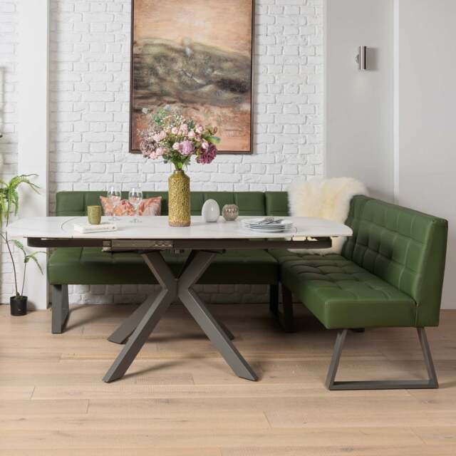 Saturn 130-190cm Motion Table White & Rubix Corner Bench in Olive Green - image 1