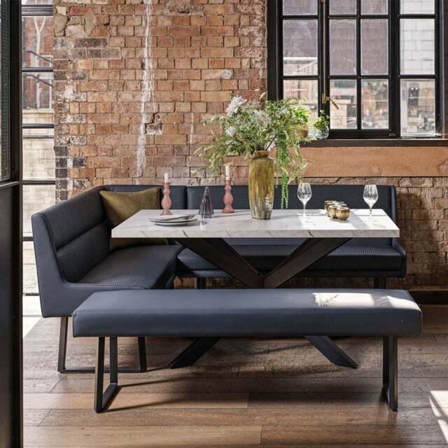Jupiter Dining Set - Marble Effect - With RHF Corner Bench & Low Bench in Blue - image 1