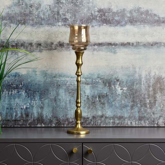 Heptagon Candle Stick in Gold with Removable Chimney Bell Tealight Holder in Brown 37.5cm - image 1