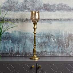 Heptagon Candle Stick in Gold with Removable Chimney Bell Tealight Holder in Brown 37.5cm - thumbnail 1