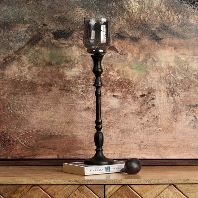 Heptagon Candle Stick in Black with Removable Chimney Bell Tealight Holder in Grey 37.5cm - image 1