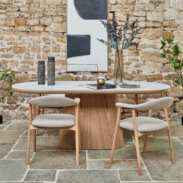 Sutton 200cm Dining Table - Ash with 4x Albi Chairs in Beige with Oiled Oak Legs - image 1