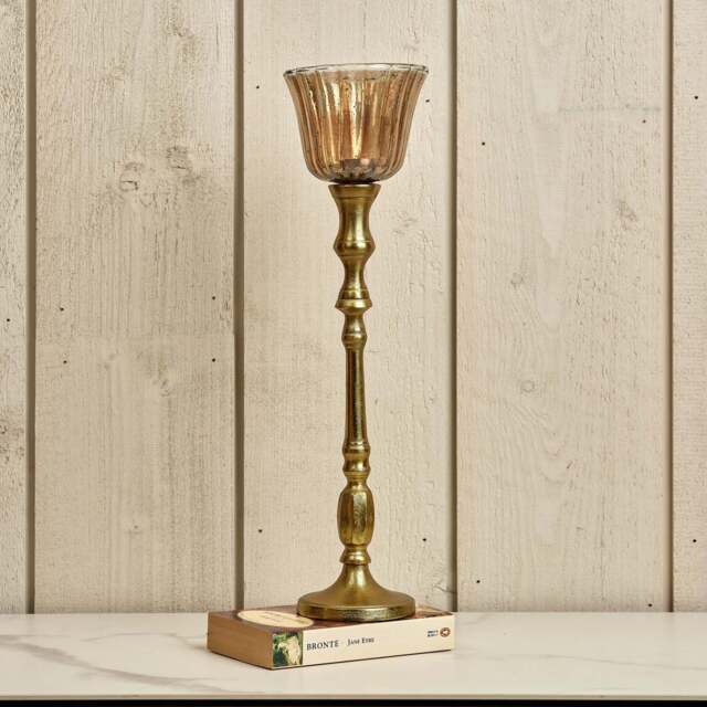 Heptagon Candle Stick in Gold with Removable Lotus Bell Tealight Holder in Brown 37.5cm - image 1