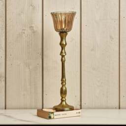 Heptagon Candle Stick in Gold with Removable Lotus Bell Tealight Holder in Brown 37.5cm - thumbnail 1