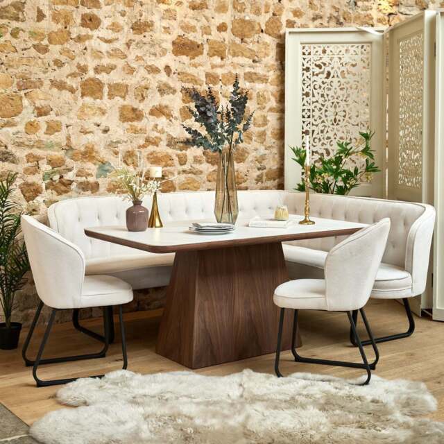 Sutton 160cm Dining Table - Walnut with Frampton Corner Bench LHF & 2x Frampton Chairs in White - image 1