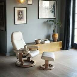 Medium Consul and Footstool with Classic Base in Batick Cream and Oak Wood - thumbnail 1
