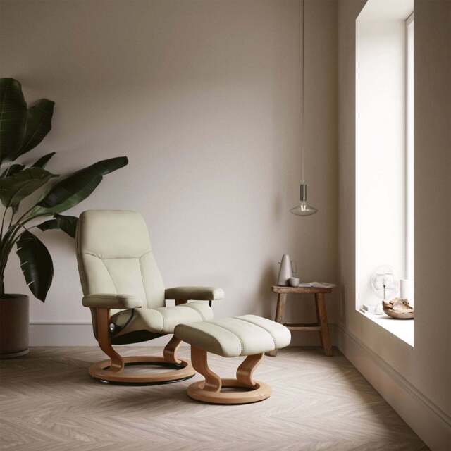 Quickship Large Consul Chair and Footstool with Classic Base in Batick Cream with Oak Wood