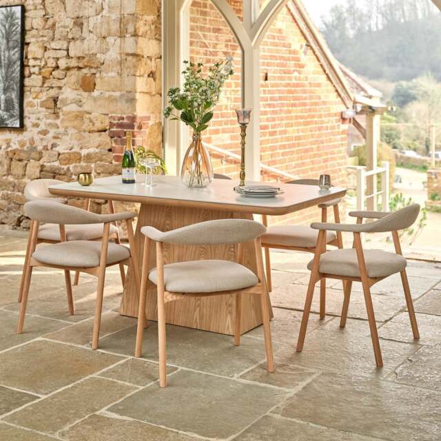 Sutton 160cm Dining Table - Ash with 6x Albi Chairs in Beige with Oiled Oak Legs - image 1