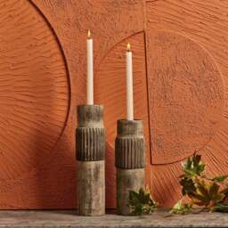 Centre Straight Lines Wooden Candle Holder in Mud - Small - thumbnail 3