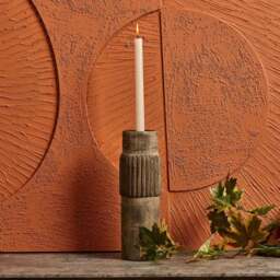 Centre Straight Lines Wooden Candle Holder in Mud - Small - thumbnail 1