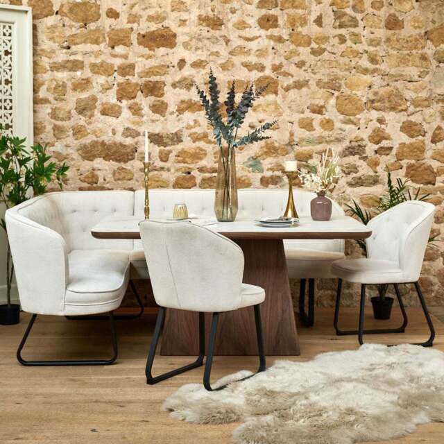 Sutton 160cm Dining Table - Walnut with Frampton Corner Bench RHF & 2x Frampton Chairs in White - image 1