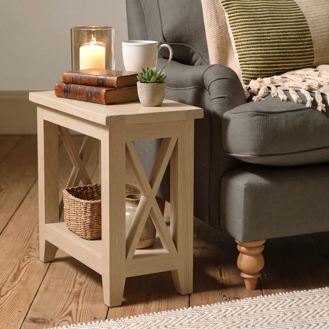 Tetbury X Leg Side Table With Shelf in Natural Oak - image 1