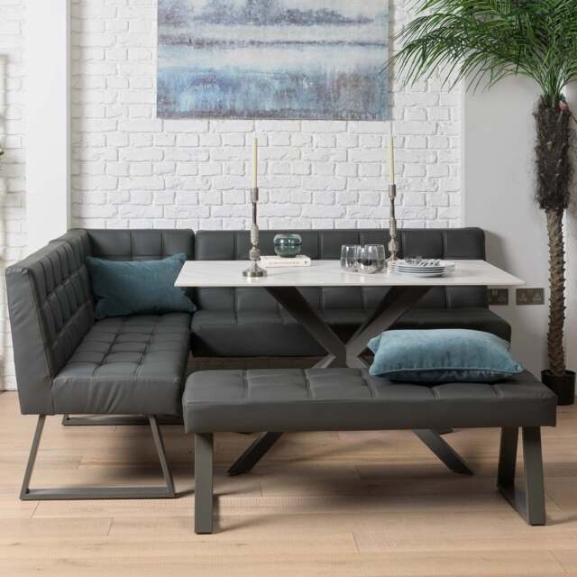 Saturn 135cm Dining Table White & Rubix Corner Bench With Low Bench in Grey - image 1
