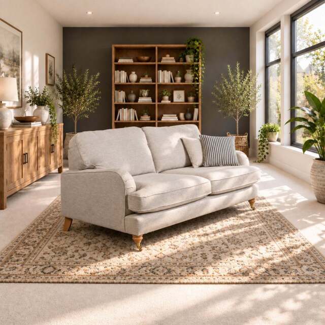 Eastbourne 3 Seater Sofa in Natural with Navy Stripe Cushions - image 1