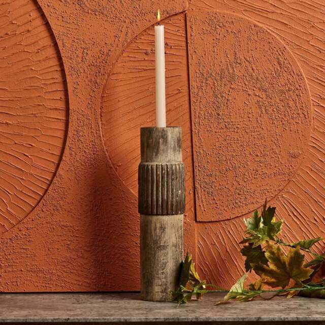 Centre Straight Lines Wooden Candle Holder in Mud - Large - image 1