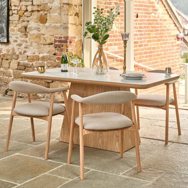Sutton 160cm Dining Table - Ash with 4x Albi Chairs in Beige with Oiled Oak Legs - image 1