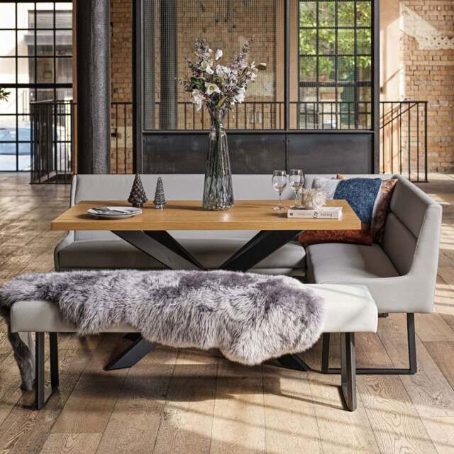Jupiter Dining Set - Smoked Oak - With LHF Corner Bench & Low Bench in Light Grey - image 1