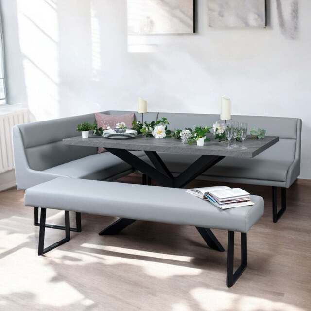 Jupiter 180cm - Faux Concrete - Dining Table & RHF Corner Bench with Flat Bench in Light Grey - image 1
