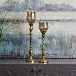 Heptagon Candle Stick in Gold with Removable Chimney Bell Tealight Holder in Brown 29cm - thumbnail 3