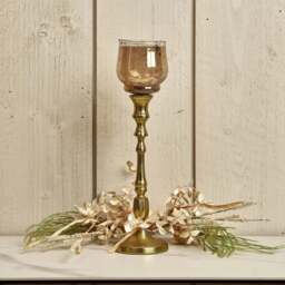 Heptagon Candle Stick in Gold with Removable Chimney Bell Tealight Holder in Brown 29cm - thumbnail 1